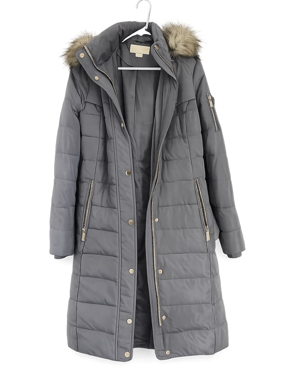 🌟🌟Michael Kors Long Puffer Coat Faux Fur Hood Winter Parka Charcoal Gray🌟🌟